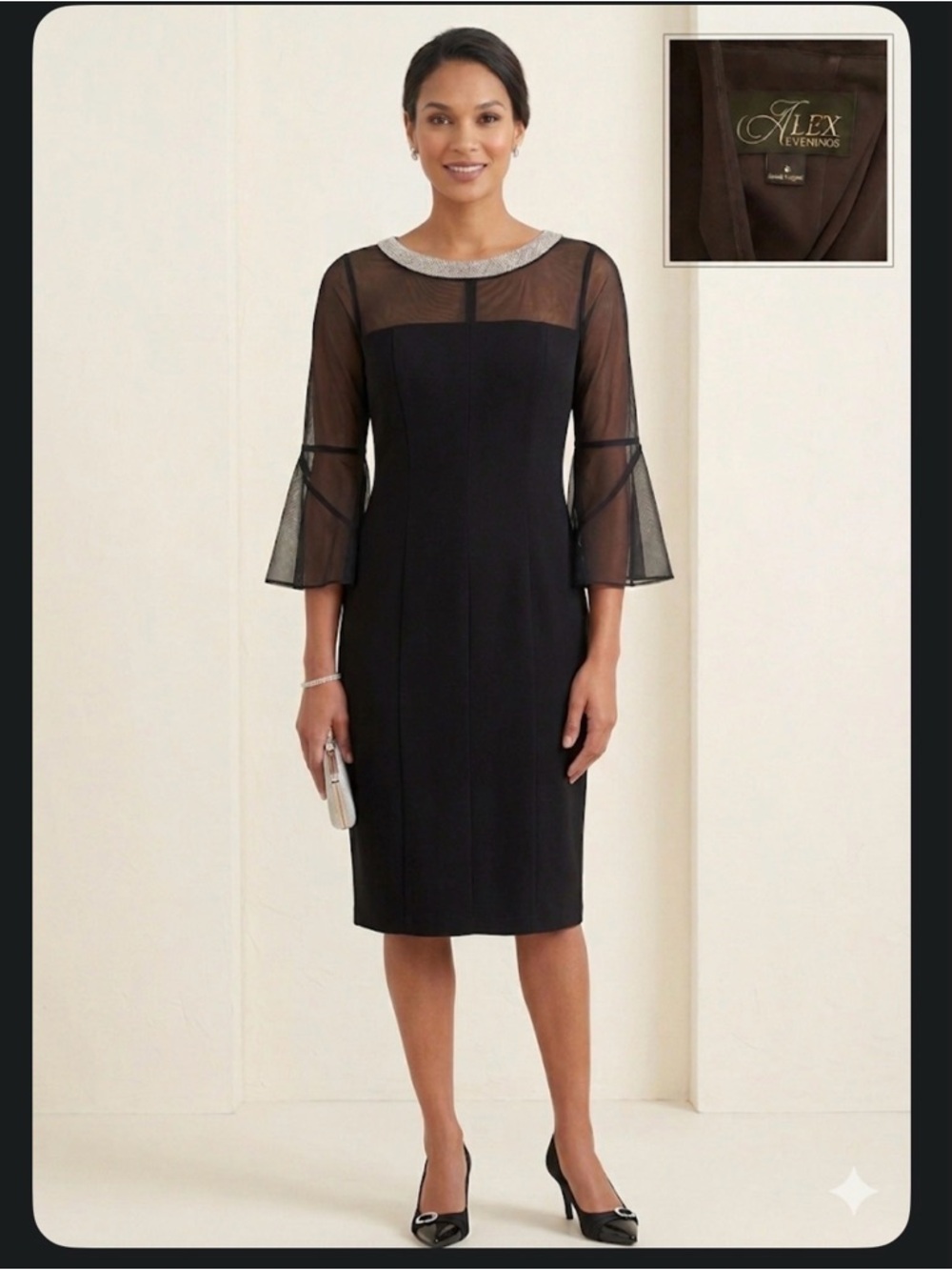NWOT Alex Evenings Black Midi Dress - Beaded Neckline & Bell Sleeves - Size 8